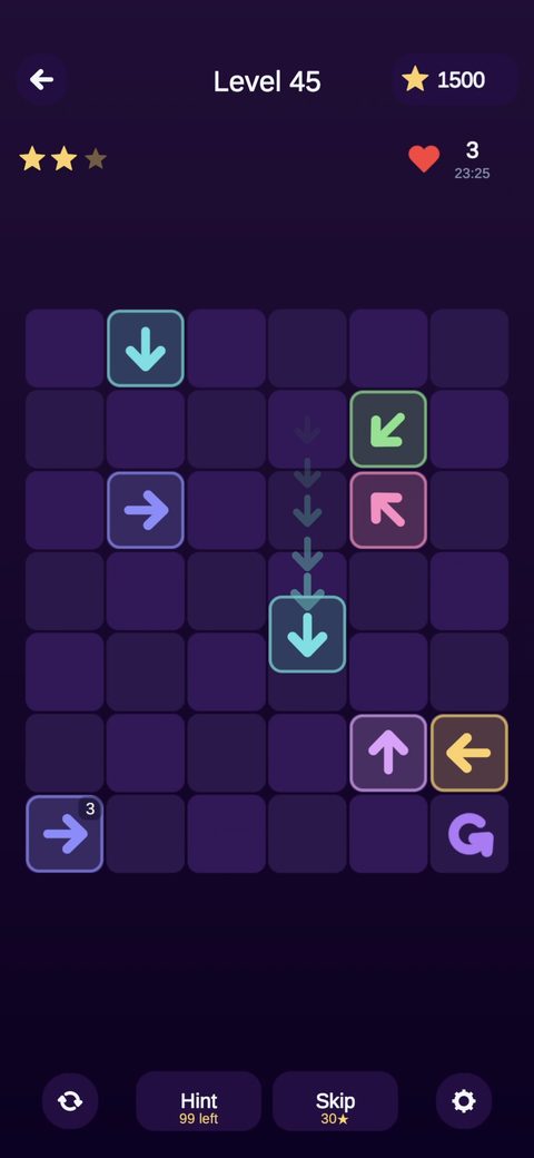 An arrow mid-flight, leaving a trail behind it as it travels down the board