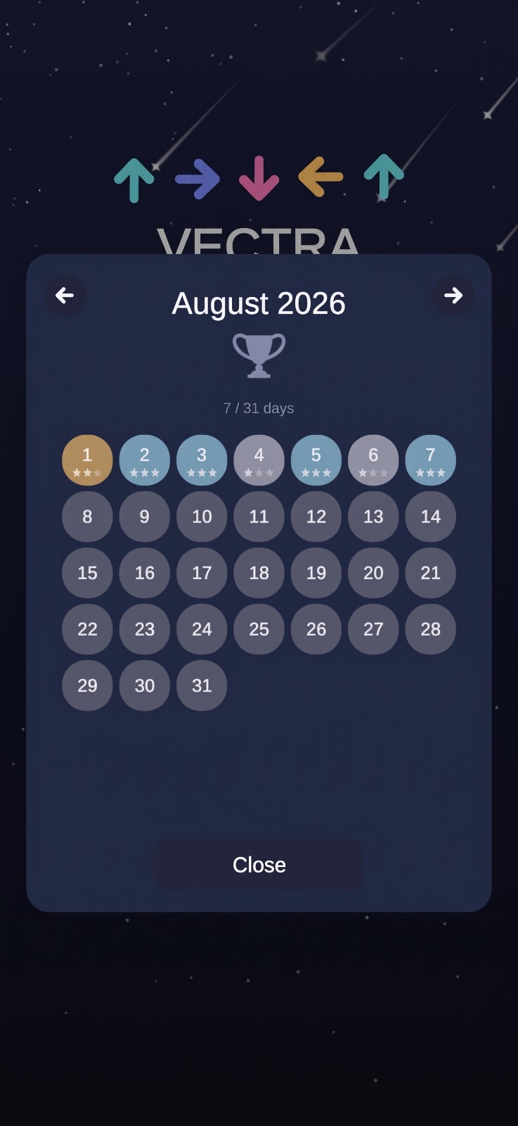 A month of daily puzzles in a calendar, with the stars earned on each day